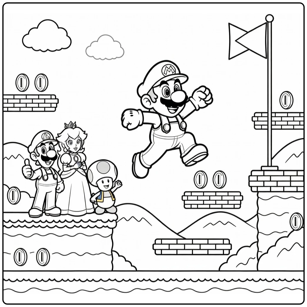 Detailed Mario Jumping Toward the Finish Flag coloring page