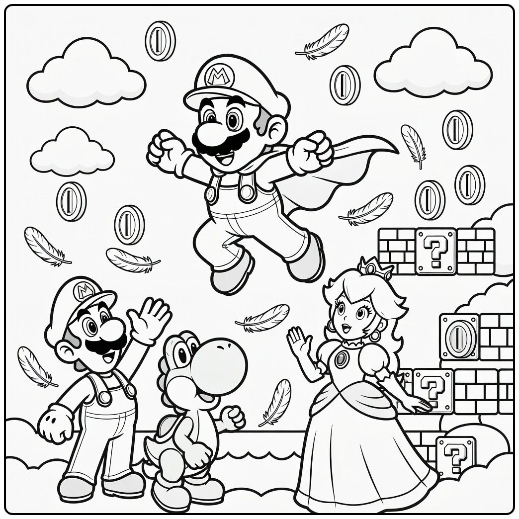 Detailed Cape Mario with Luigi and Yoshi coloring page
