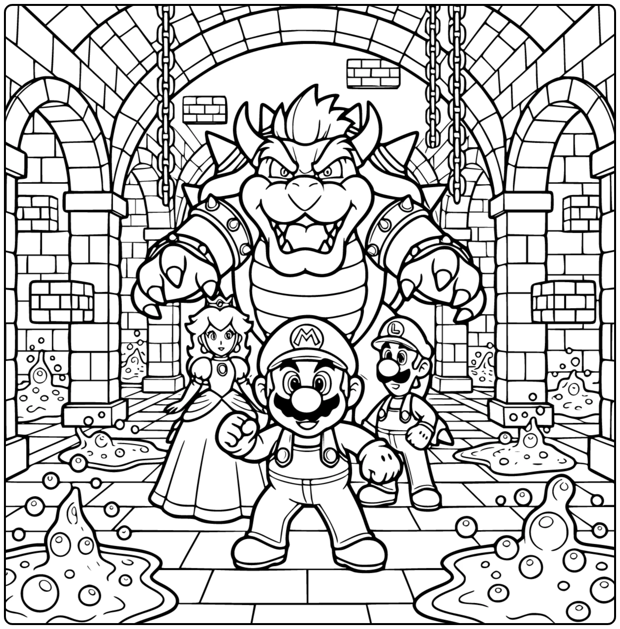 Detailed Mario Confronting Bowser in a Castle coloring page