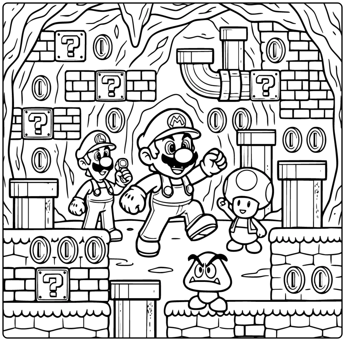 detailed Mario coloring page with Mario and Luigi in an underground level