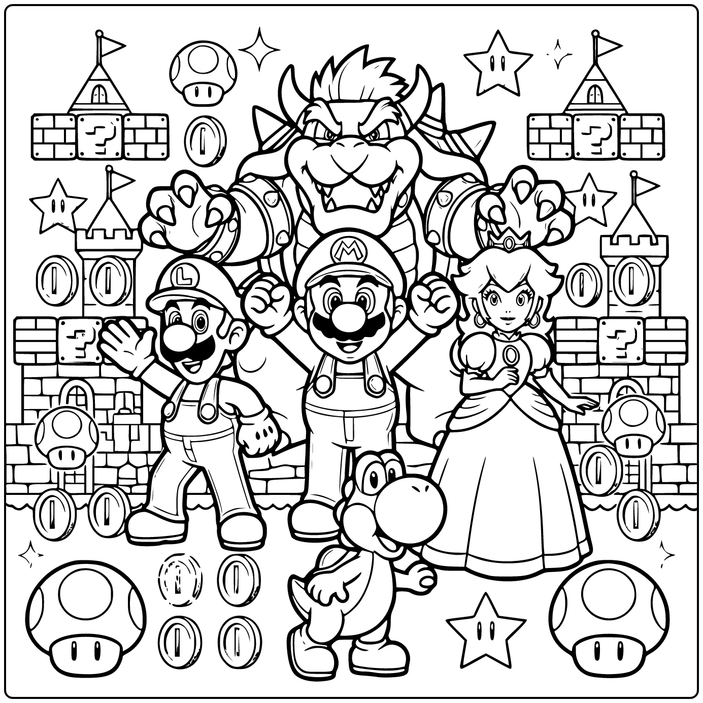 Detailed Mario with Luigi, Peach, and Bowser coloring page