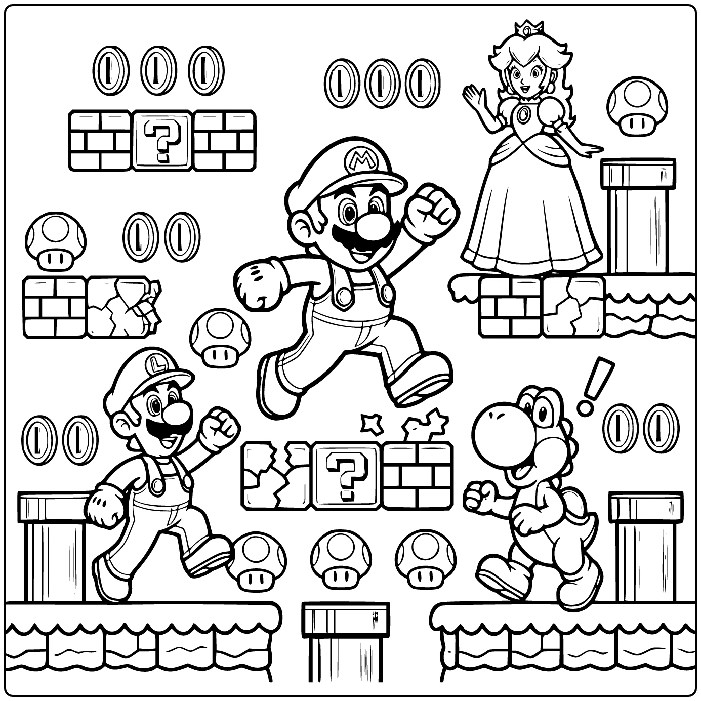 Detailed Jumping Mario on Blocks coloring page