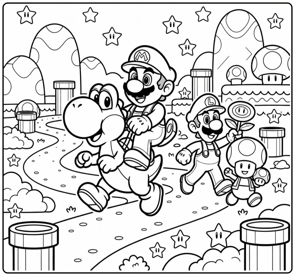 Detailed Mario Riding Yoshi Through the Mushroom Kingdom coloring page