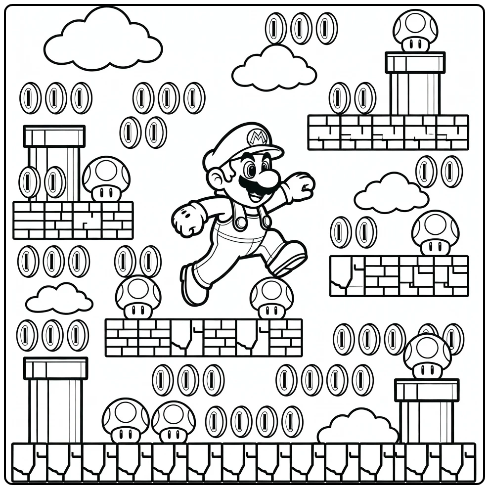 Detailed Mario Jump with Coins Pipes Mushrooms coloring page