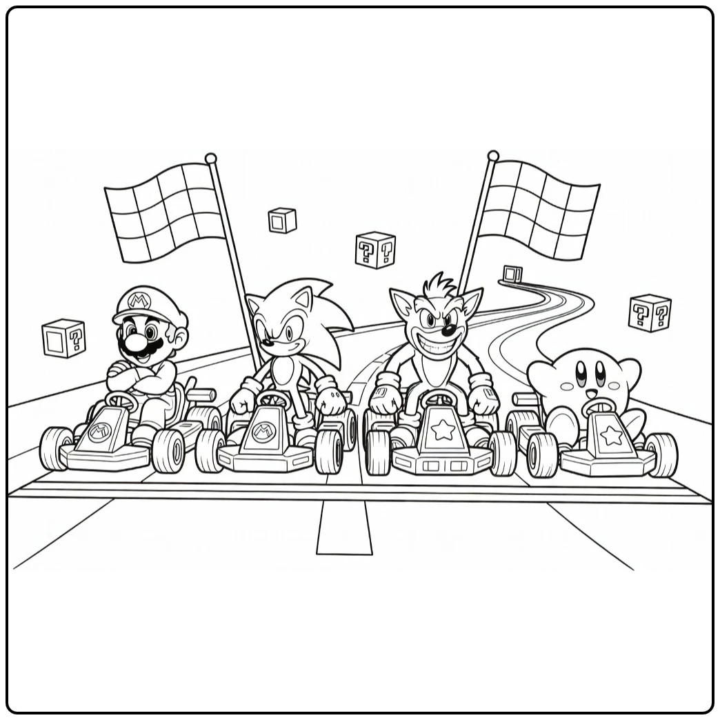 Mario Sonic Crash Kirby in Race Game coloring page