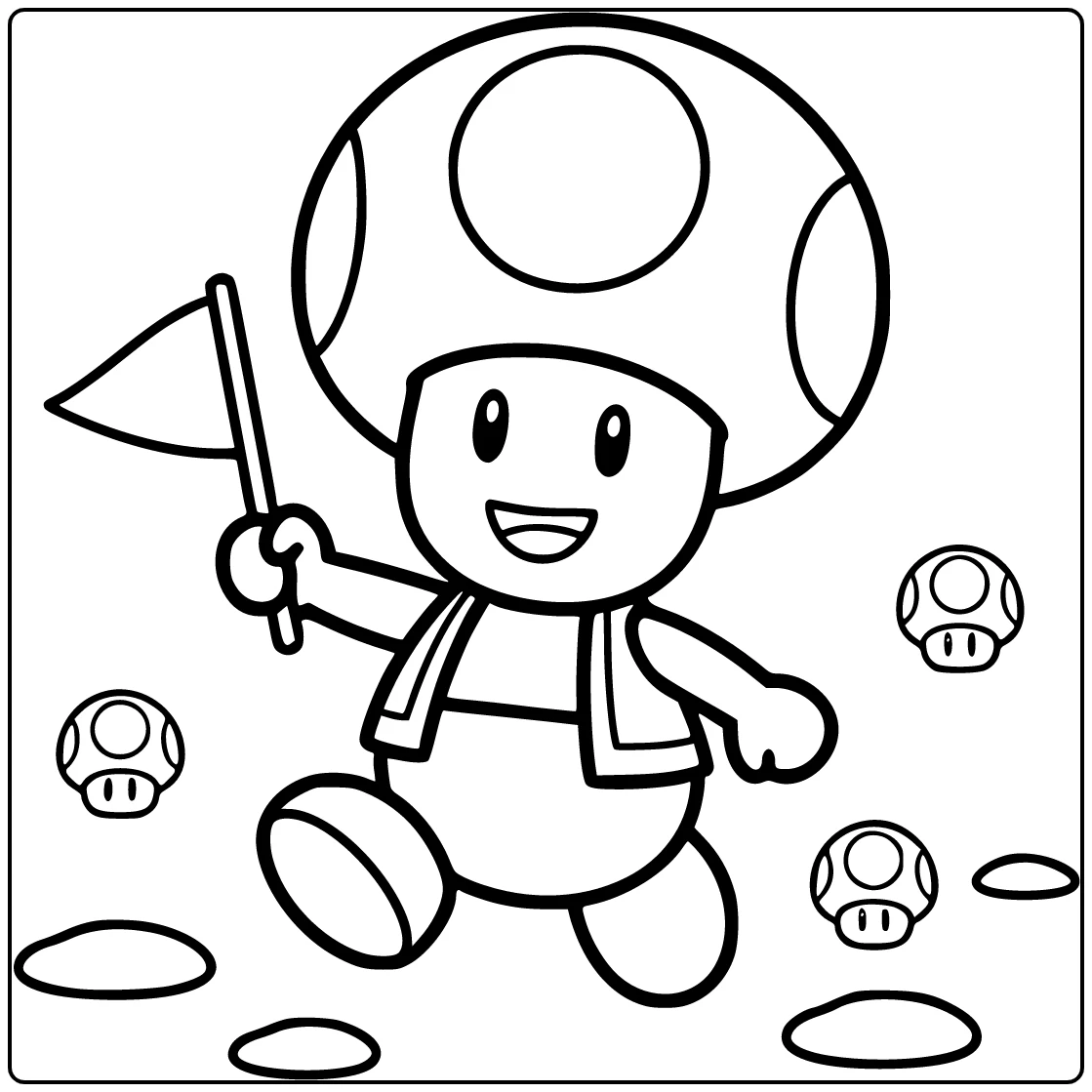 Toad Mario coloring page marching with a small flag