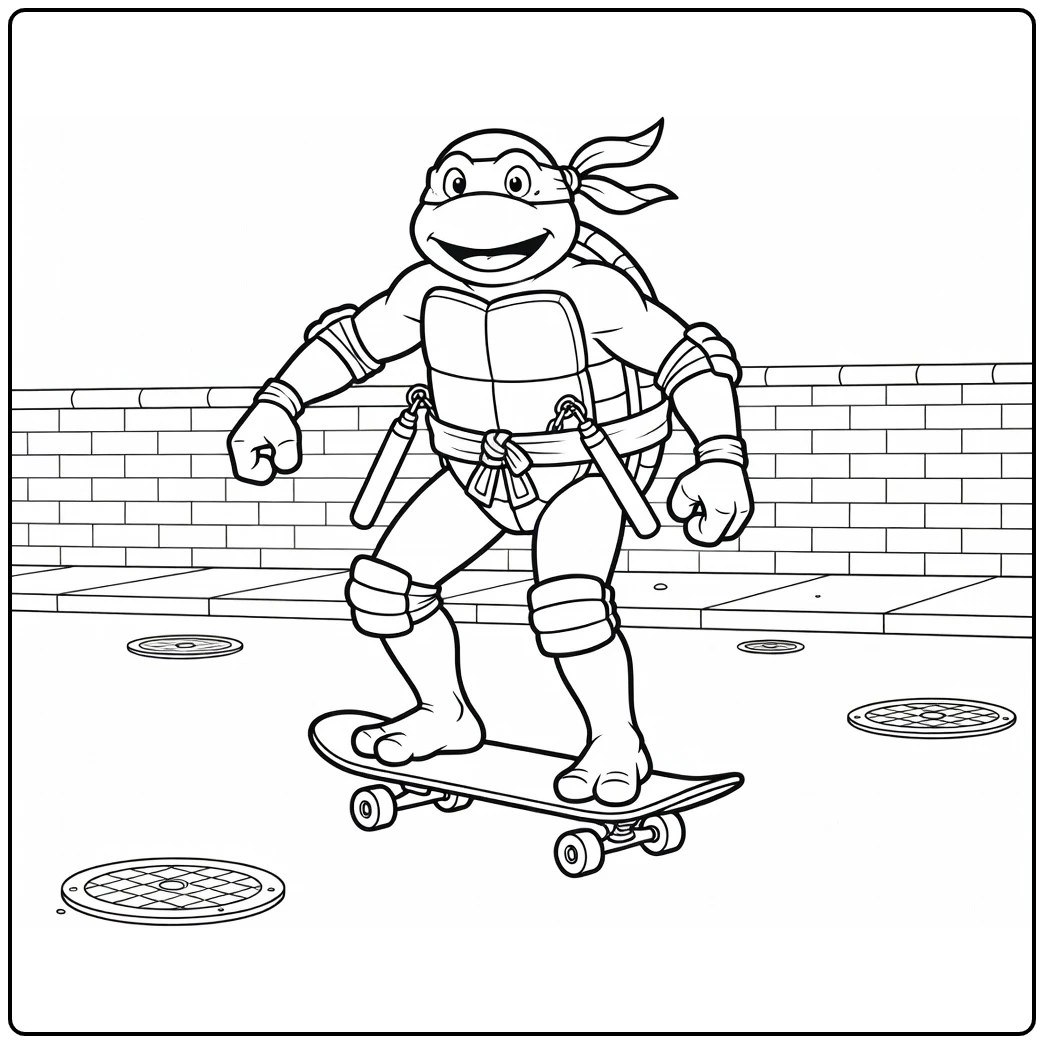 Michelangelo Smiling Skateboard Ninja in the City coloring page