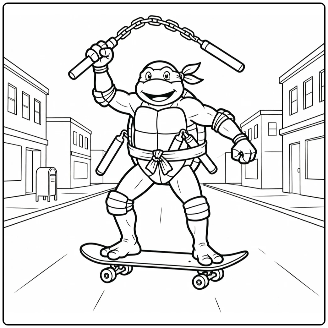 Michelangelo Skateboarding with Raised Nunchaku coloring page