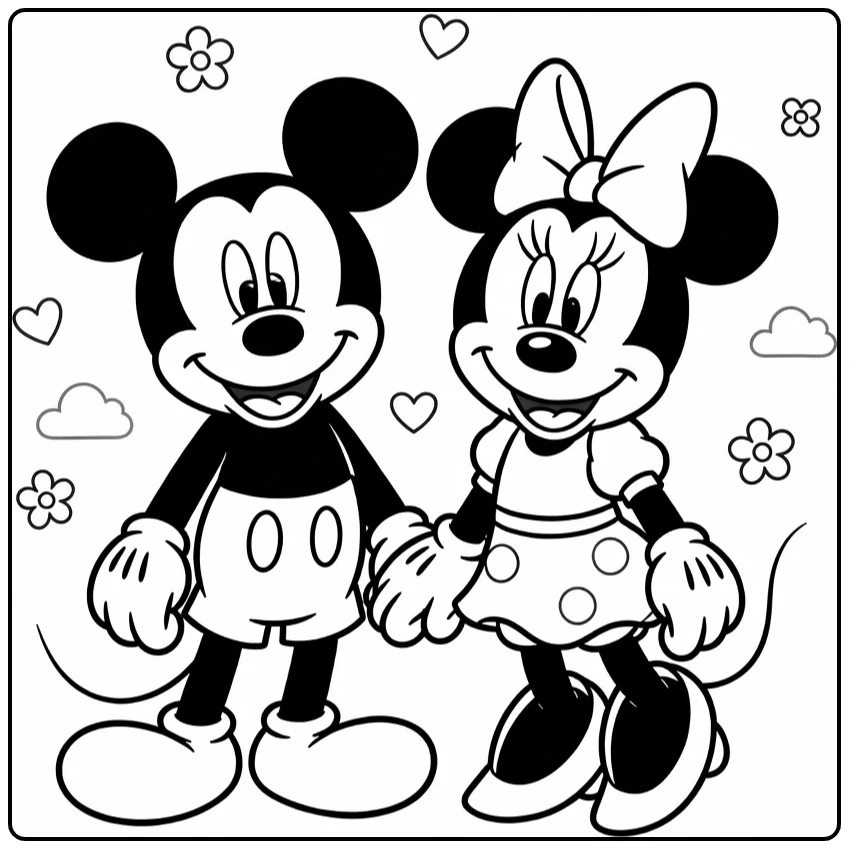 Mickey Minnie Mouse Hearts and Flowers coloring page