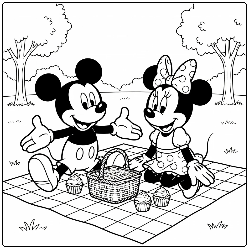 Mickey and Minnie Mouse Basket Cupcakes Park coloring page