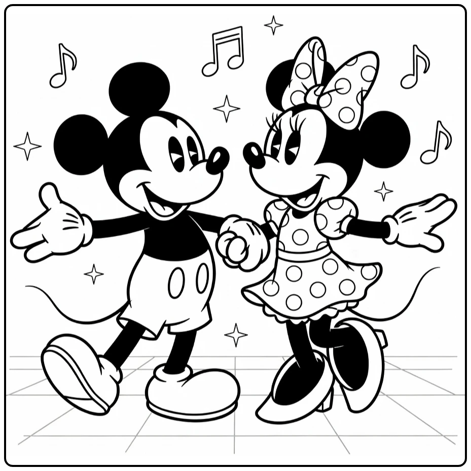 Mickey and Minnie Mouse Cheerful Dancing Together coloring page