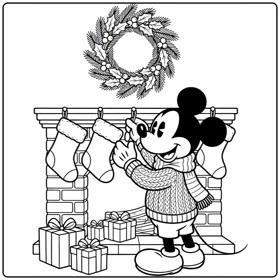Mickey Mouse Christmas Fireplace with Wreath and Gifts coloring page