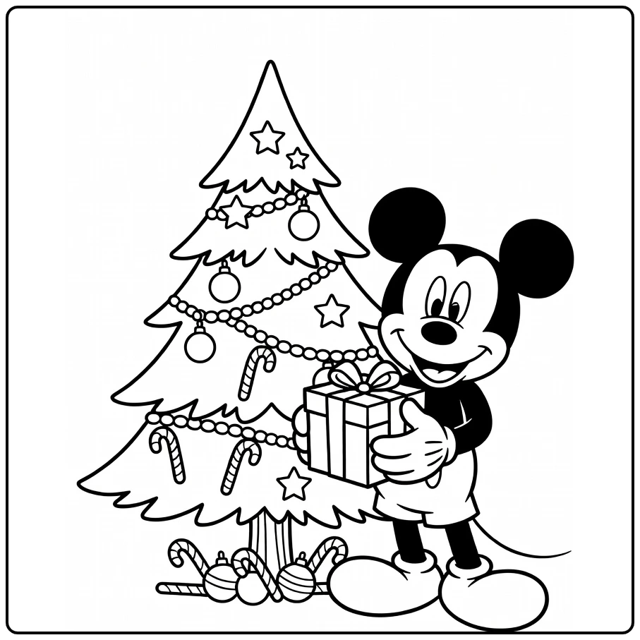 Mickey Mouse Smiling with Christmas Tree coloring page