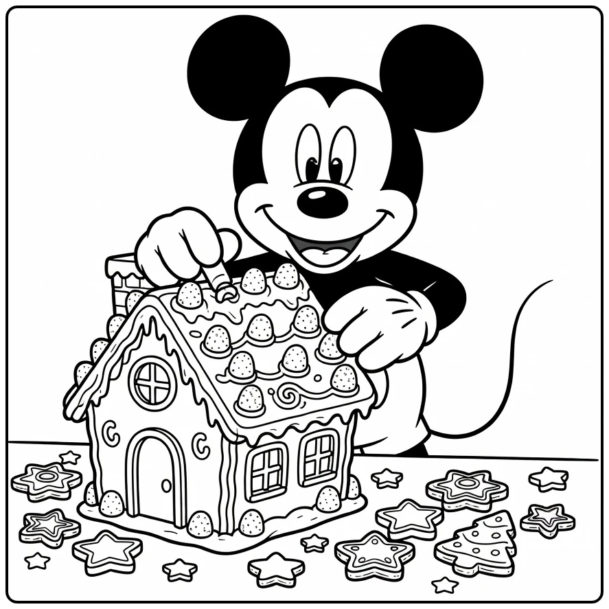 Mickey Mouse Christmas coloring page decorating a gingerbread house