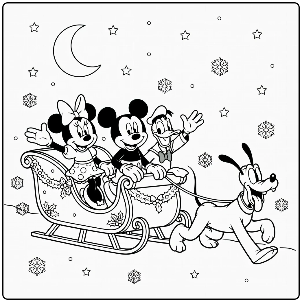 Mickey Mouse Christmas Pluto Next to Festive Sleigh coloring page