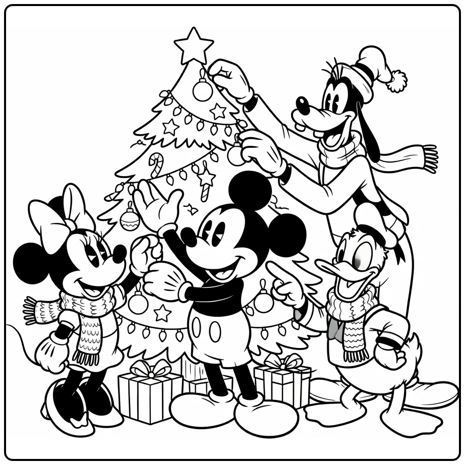 Mickey Mouse Friends and Christmas Tree coloring page