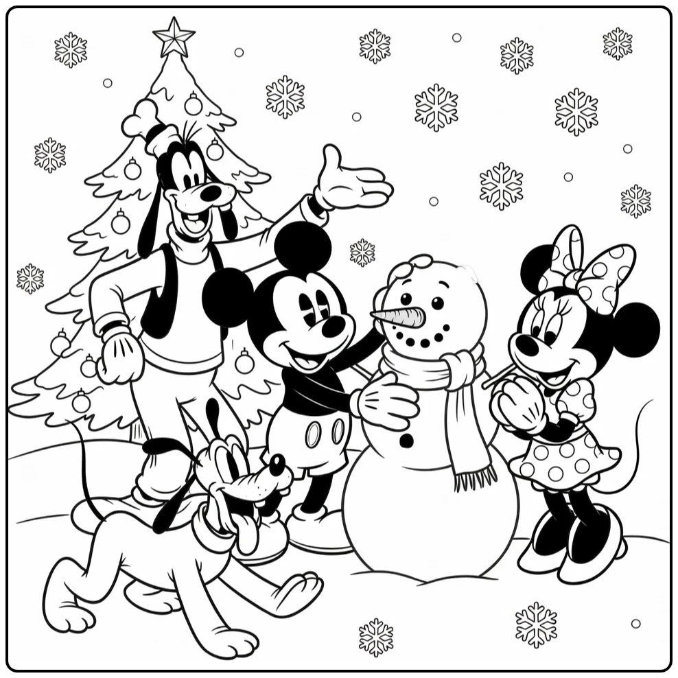 Mickey Mouse Christmas Building Snowman with Friends coloring page