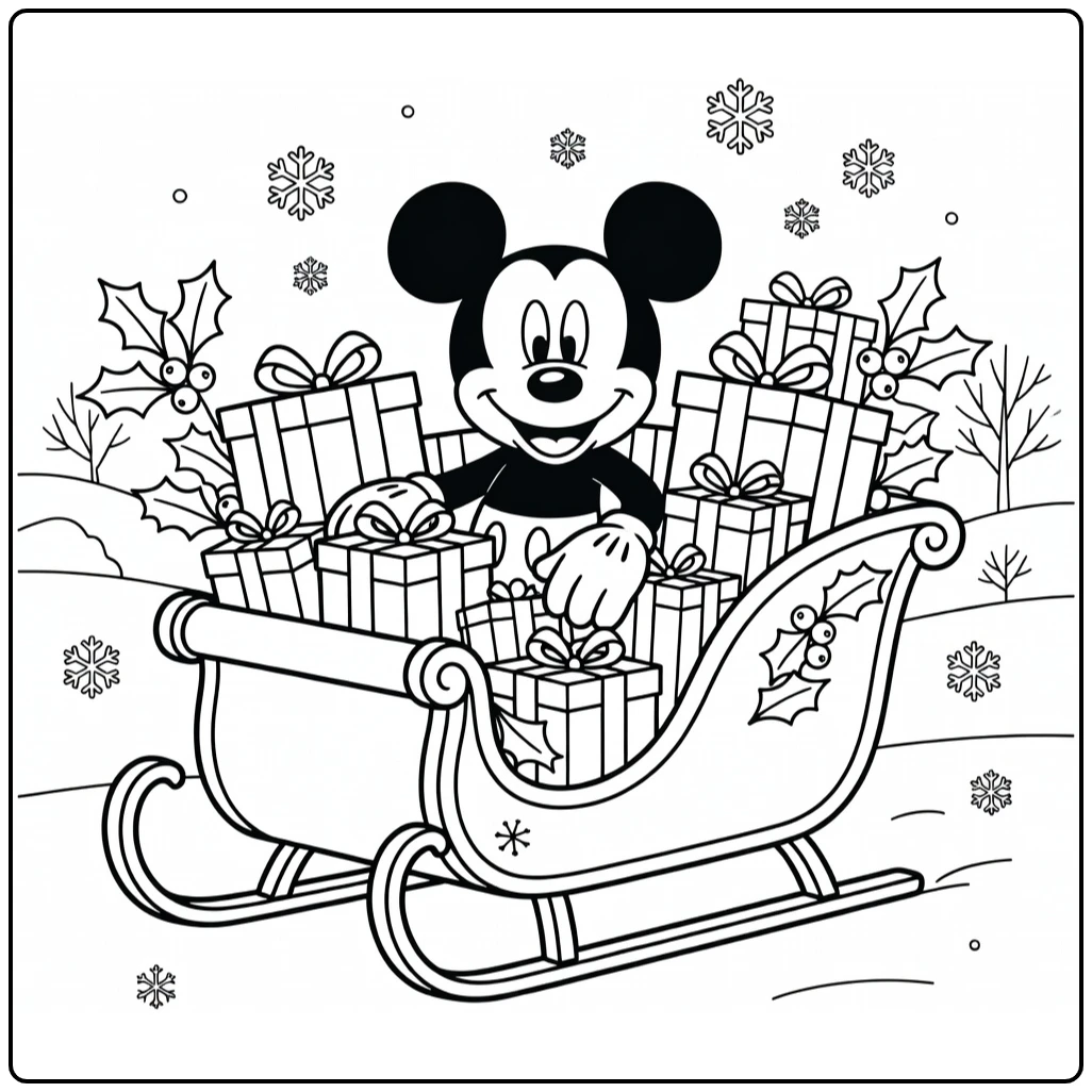 Mickey Mouse Christmas Smiling in Cozy Sleigh coloring page