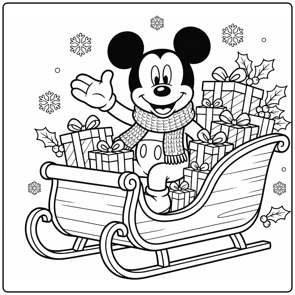 Mickey Mouse Christmas Waving Cheerful in Sleigh coloring page
