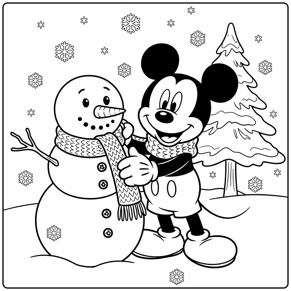 Mickey Mouse Christmas Snowman with Scarf Buttons coloring page