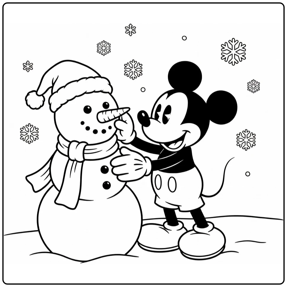 Mickey Mouse Christmas Snowman with Santa Hat Scarf coloring page