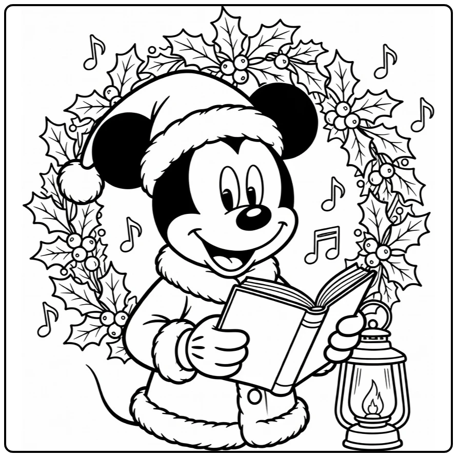 Mickey Mouse Singing Christmas Carols with Party Hat coloring page