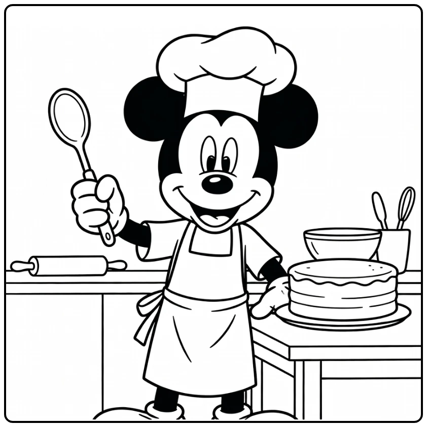 Mickey Mouse as Cheerful Cook with Cake coloring page