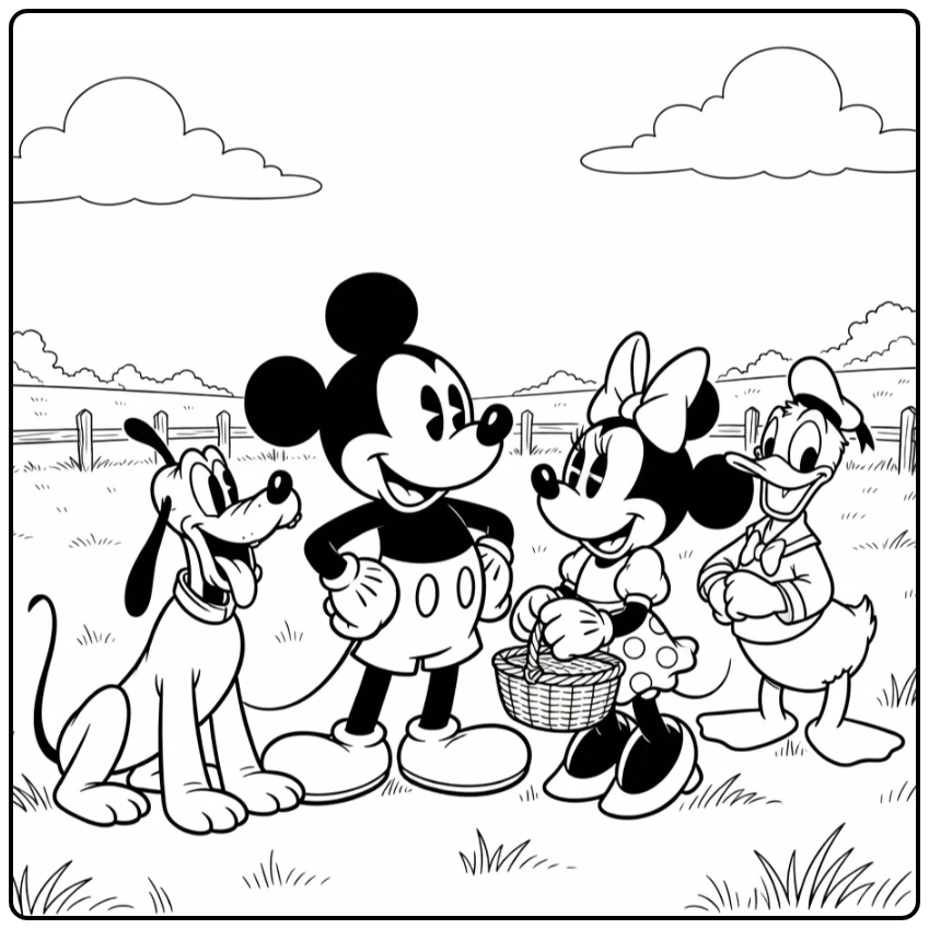 Mickey Mouse Adventure with Friends on Countryside coloring page