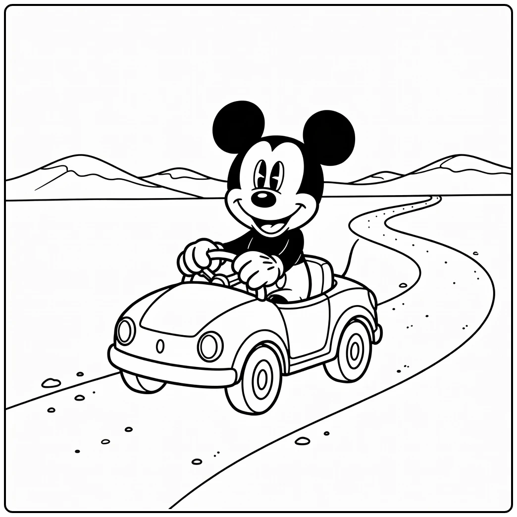 Smiling Mickey Mouse in Small Car coloring page