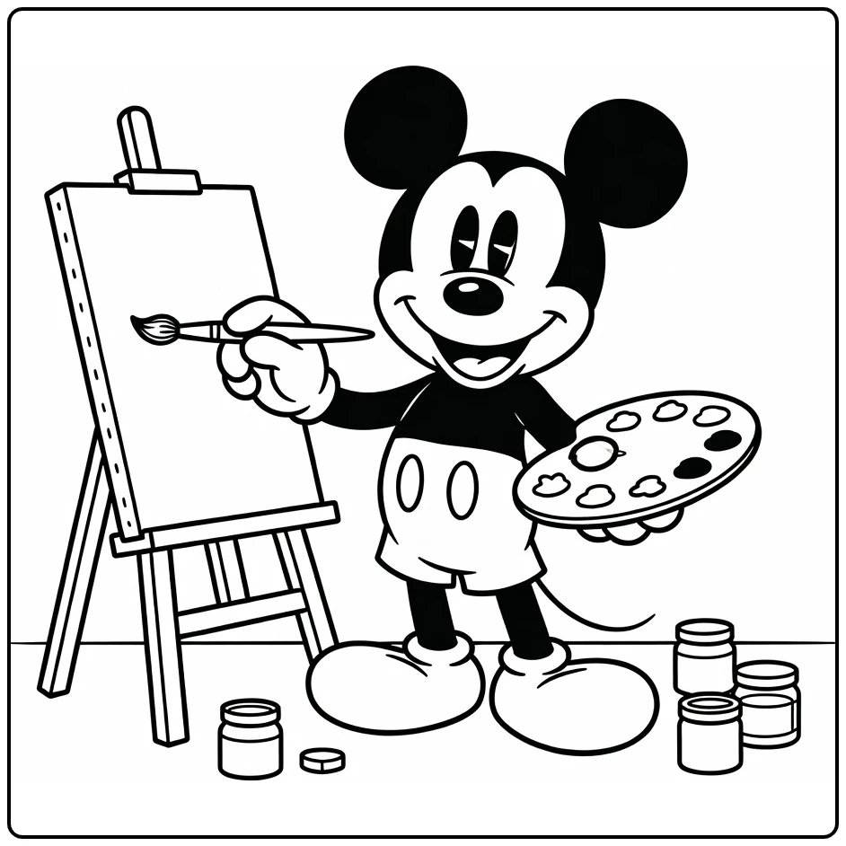 Mickey Mouse coloring page painting at an easel with a brush and palette