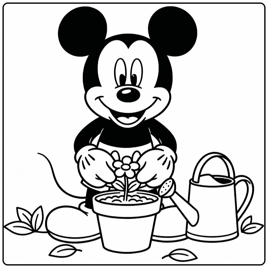 Mickey Mouse with Watering Can and Flower Pot coloring page
