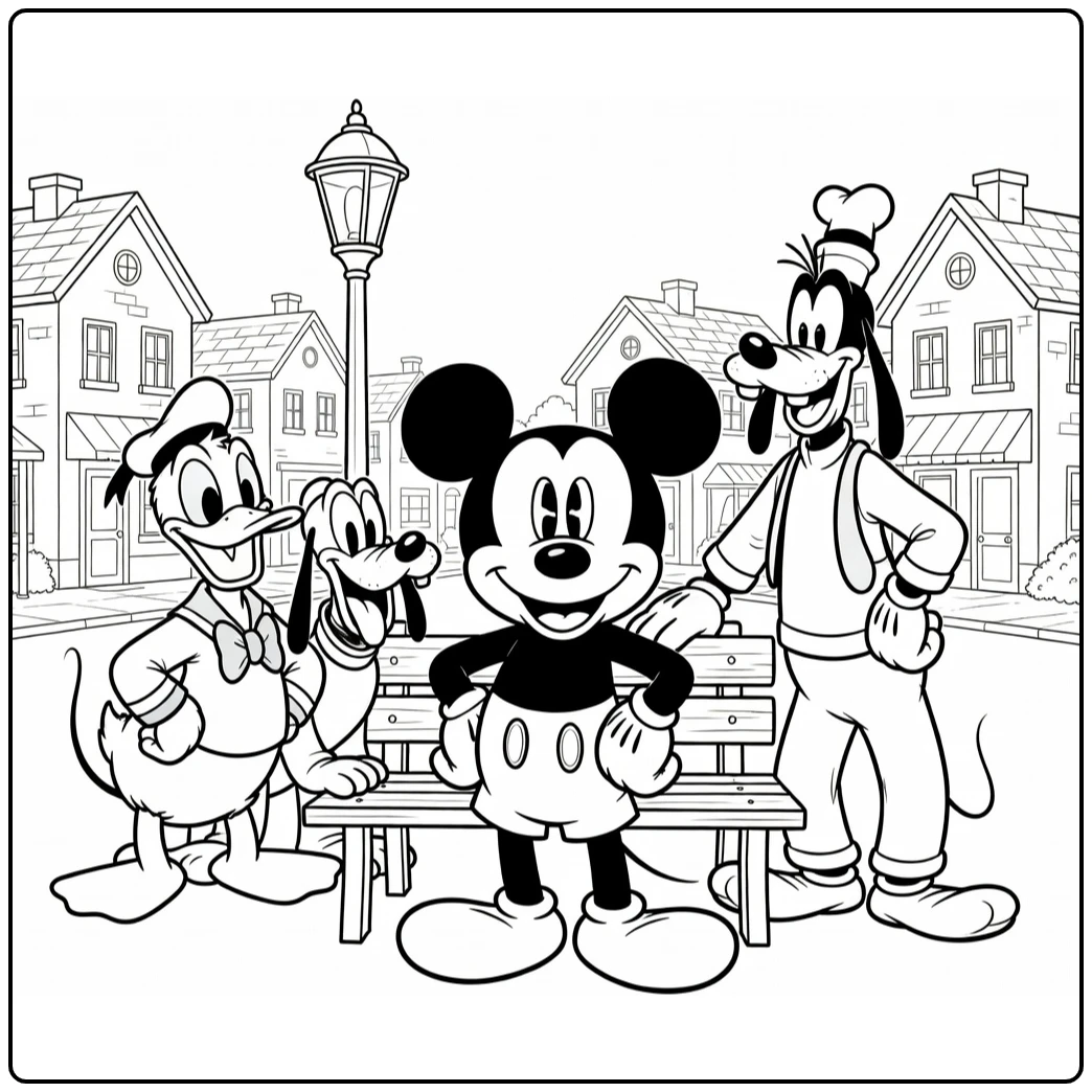 Mickey Mouse with Friends in Town Square coloring page