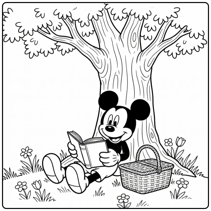 Mickey Mouse Relaxing Under Big Tree with Flowers coloring page