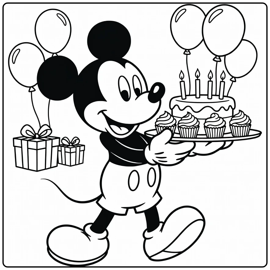 Happy Mickey Mouse Birthday with Leaf Cake coloring page