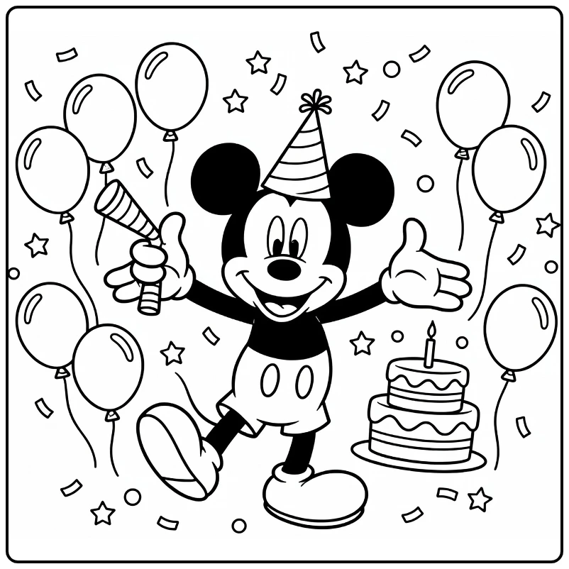 Mickey Mouse Birthday Party with Balloons coloring page