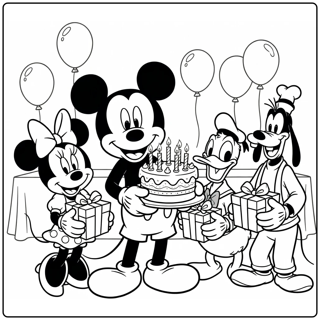 Mickey Mouse Birthday Party with Goofy and Gifts coloring page
