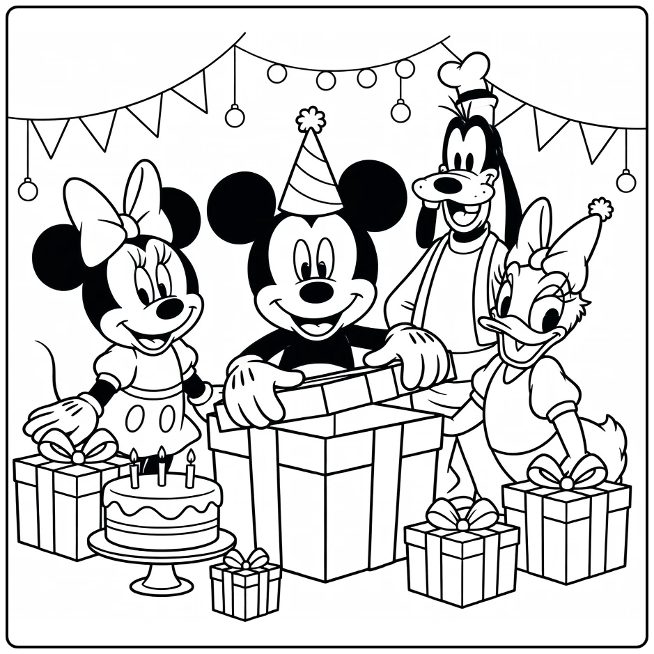 Mickey Mouse Birthday Party with Minnie Daisy Goofy coloring page