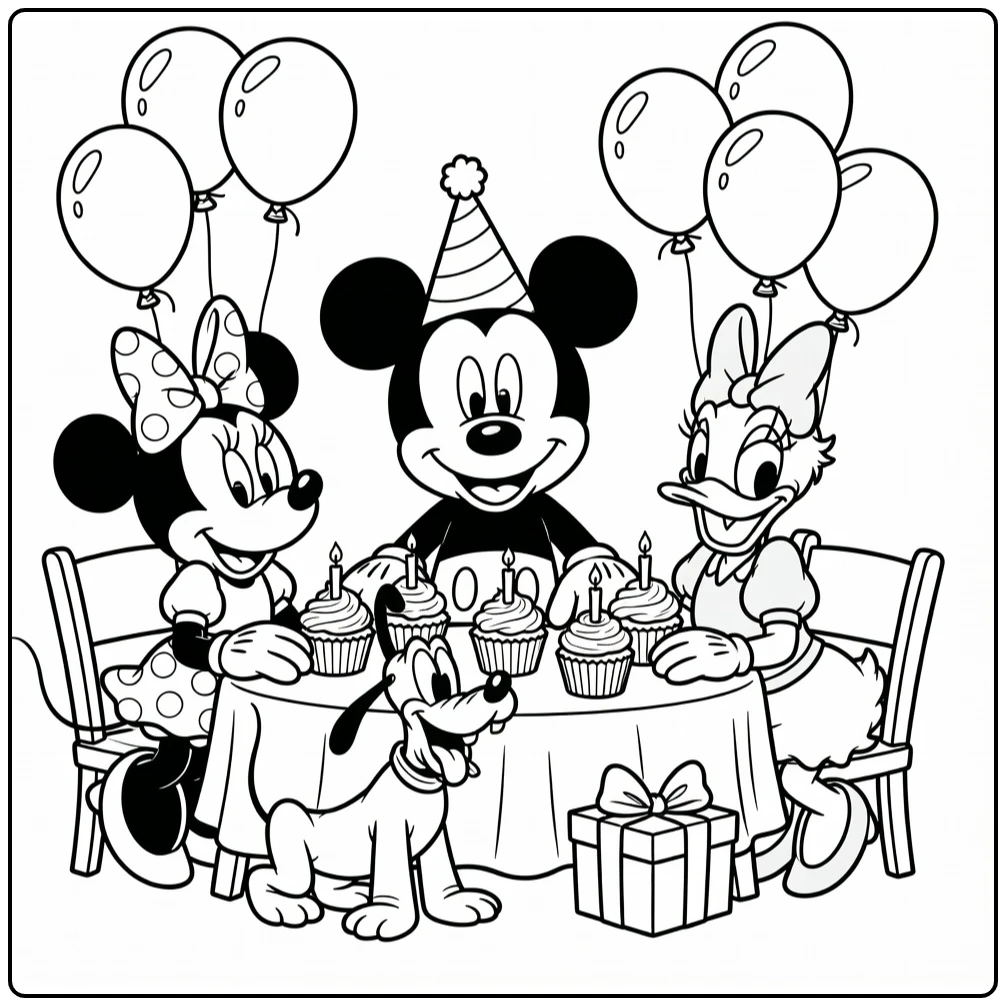 Mickey Mouse Birthday with Party Hat and Balloons coloring page