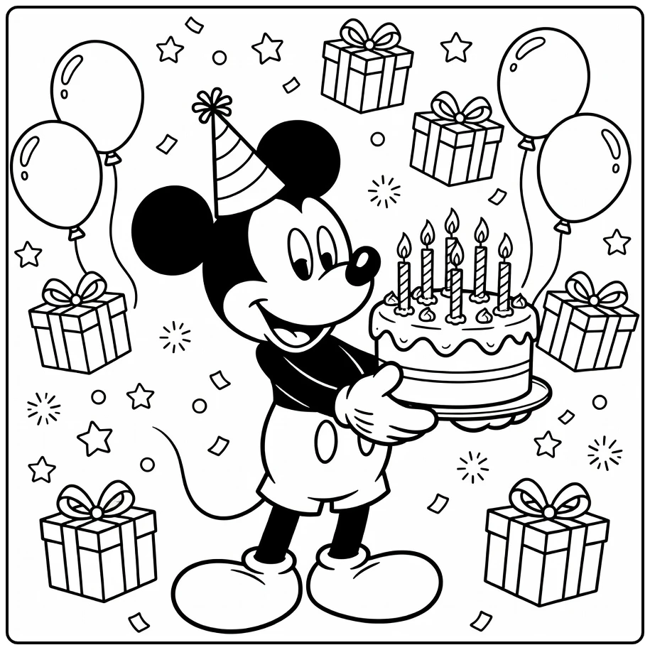 Mickey Mouse Birthday with Party Hat and Gifts coloring page