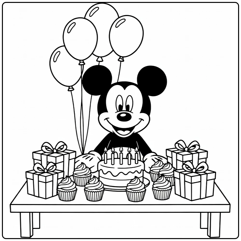 Mickey Mouse Birthday Party with Cake Gifts coloring page