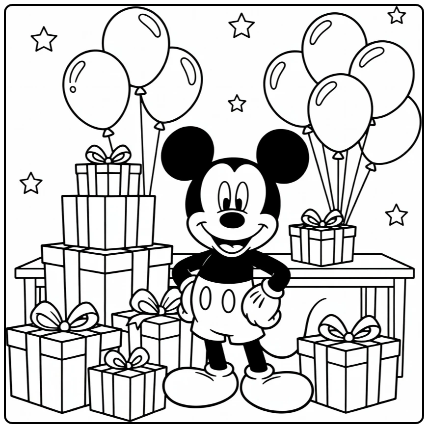 Mickey Mouse Birthday Smiling with Presents coloring page