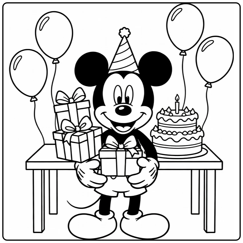 Mickey Mouse Birthday with Cake and Balloons coloring page
