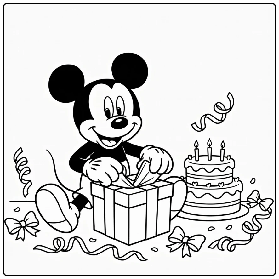 Mickey Mouse birthday coloring page opening a gift beside a cake