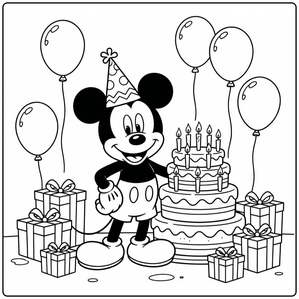 Mickey Mouse Birthday Party with Balloons coloring page