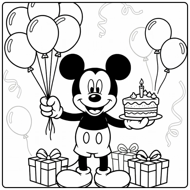 Mickey Mouse Birthday Cake Balloons Gifts coloring page