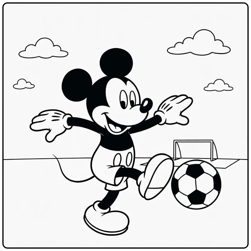 Mickey Mouse Playing Soccer Kicks Ball with Energy coloring page