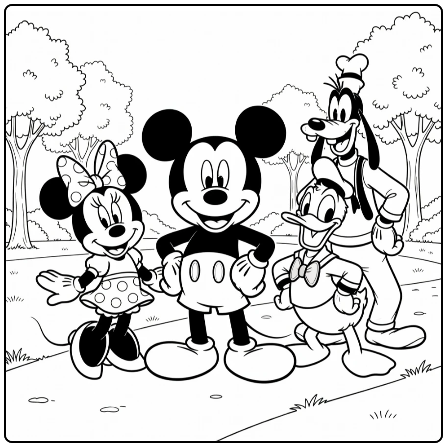 Mickey Mouse Friends Cheerful Park Scene coloring page