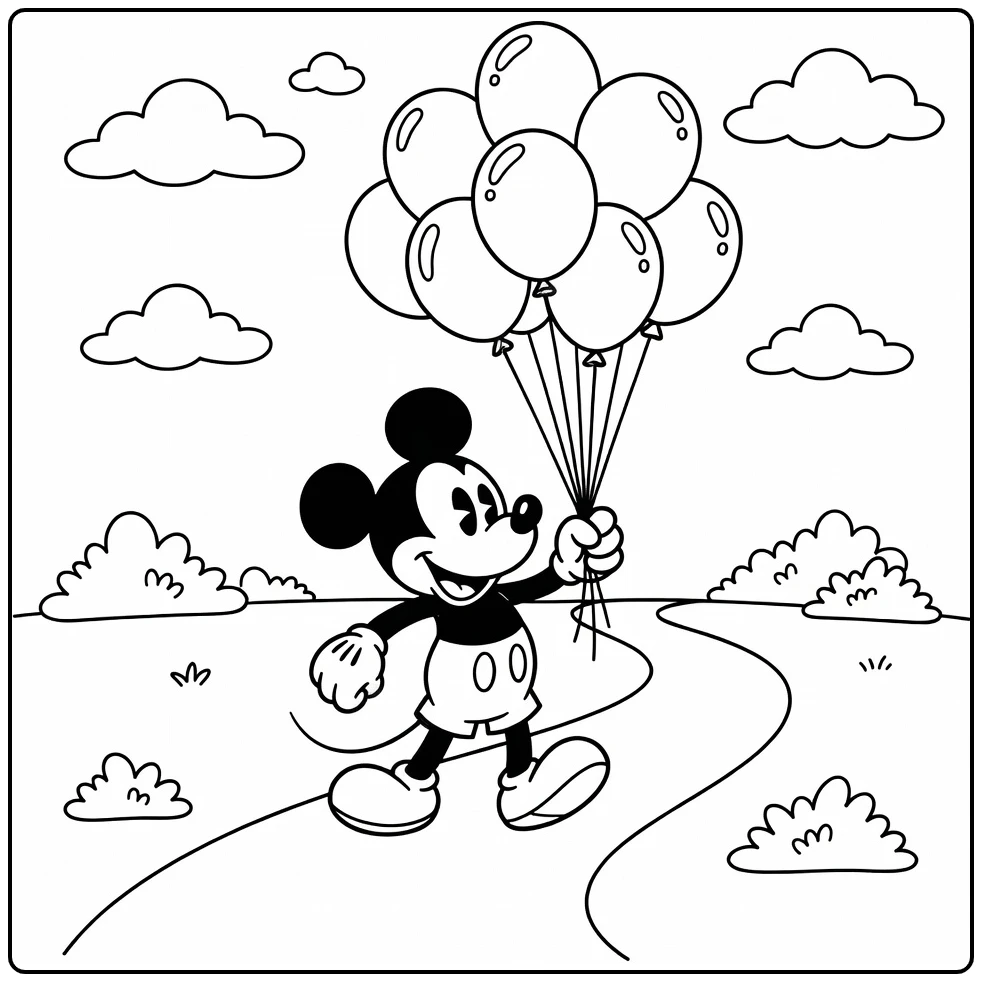 Mickey Mouse Cheerful with Balloons and Bushes coloring page