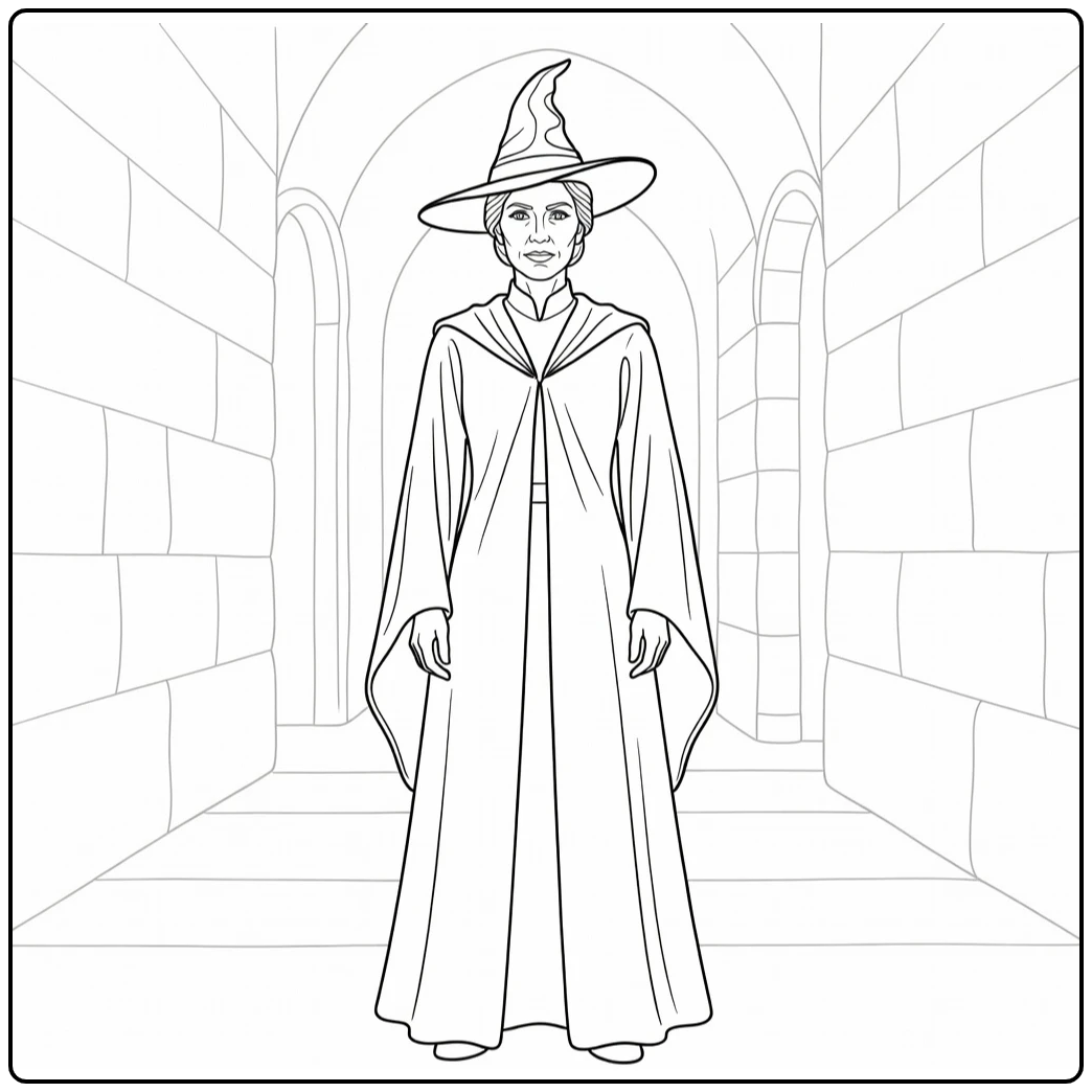 Minerva McGonagall Standing with Authority in Corridor coloring page