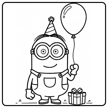 Easy Minion with Party Hat and Balloon coloring page